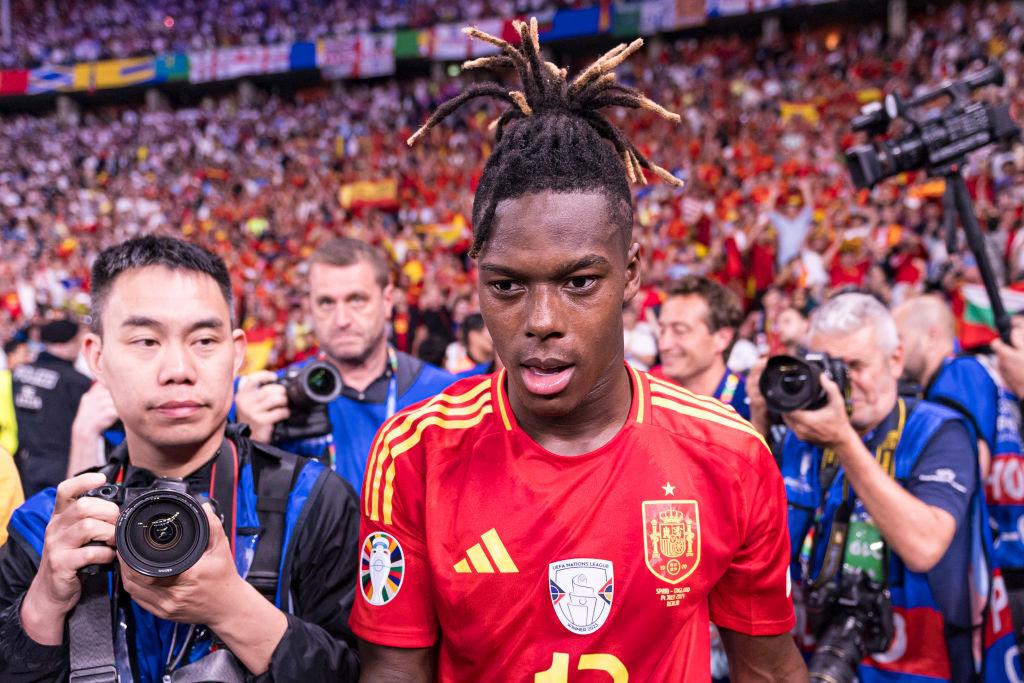 Nico Williams of Spain celebrates with his teammates after beating England in the Euro 2024 final