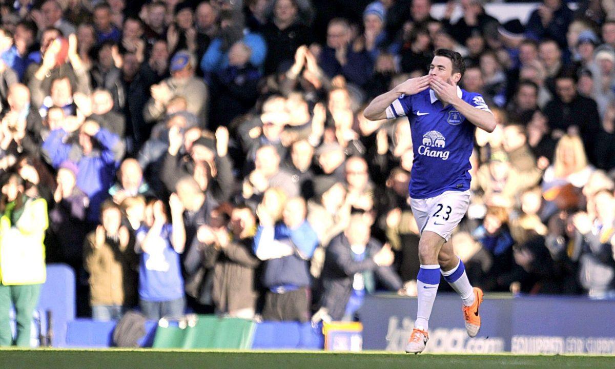 Everton's Seamus Coleman celebrates scoring their first goal of the Premier League game against Southampton at Goodison Park, Liverpool. 29 December 2013.