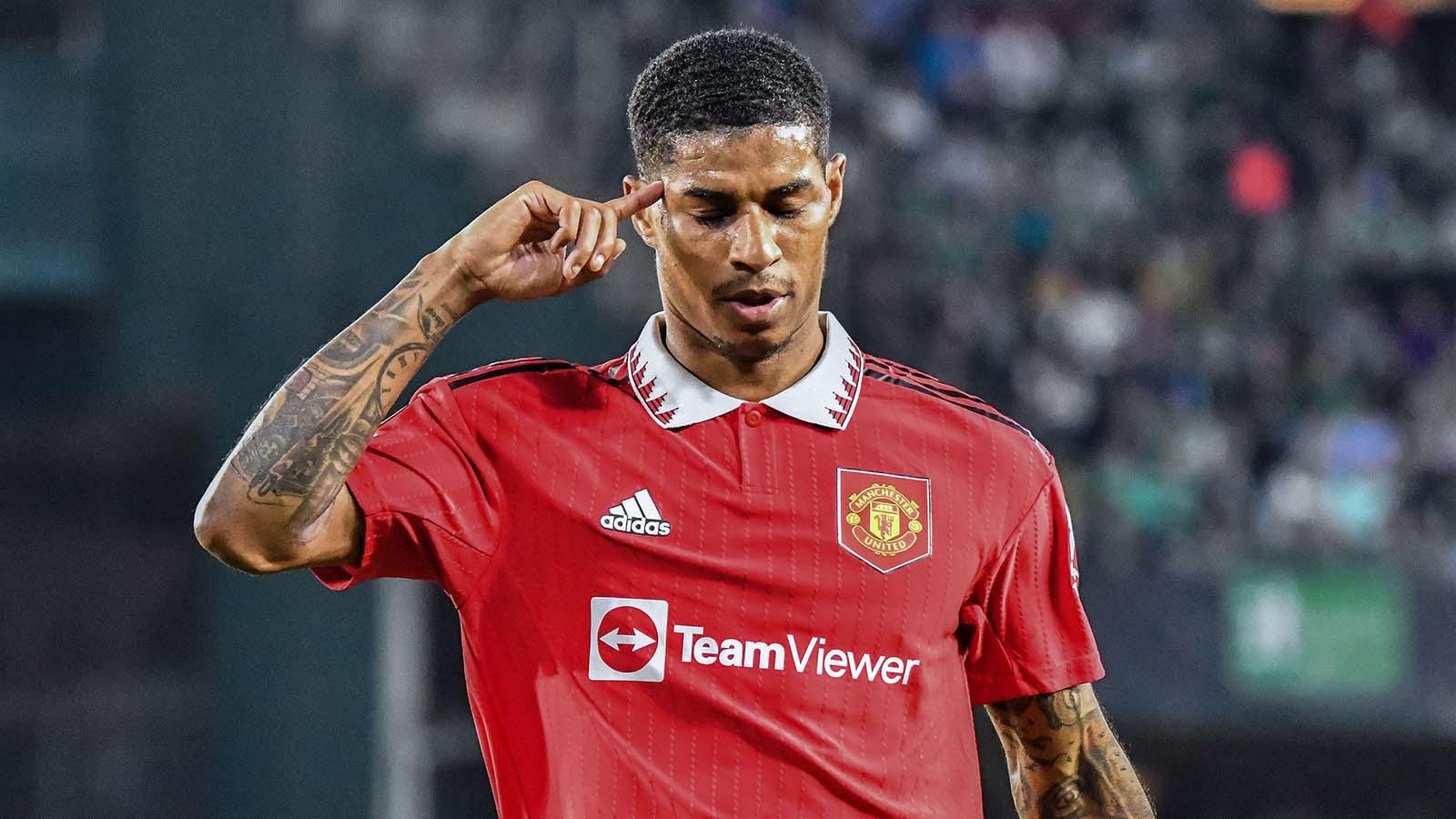 Marcus Rashford celebrates his goal against Real Betis Balompie during the UEFA Europa League Round of 16, 2nd Leg Real Betis vs Manchester United at Benito Villamarín Stadium, Seville, Spain, 16th March 2023