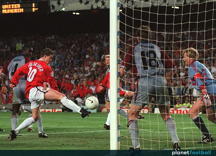 Ole Gunnar Solskjaer ghi bàn thắng quyết định vào lưới Bayern Munich trong trận chung kết Champions League 1999