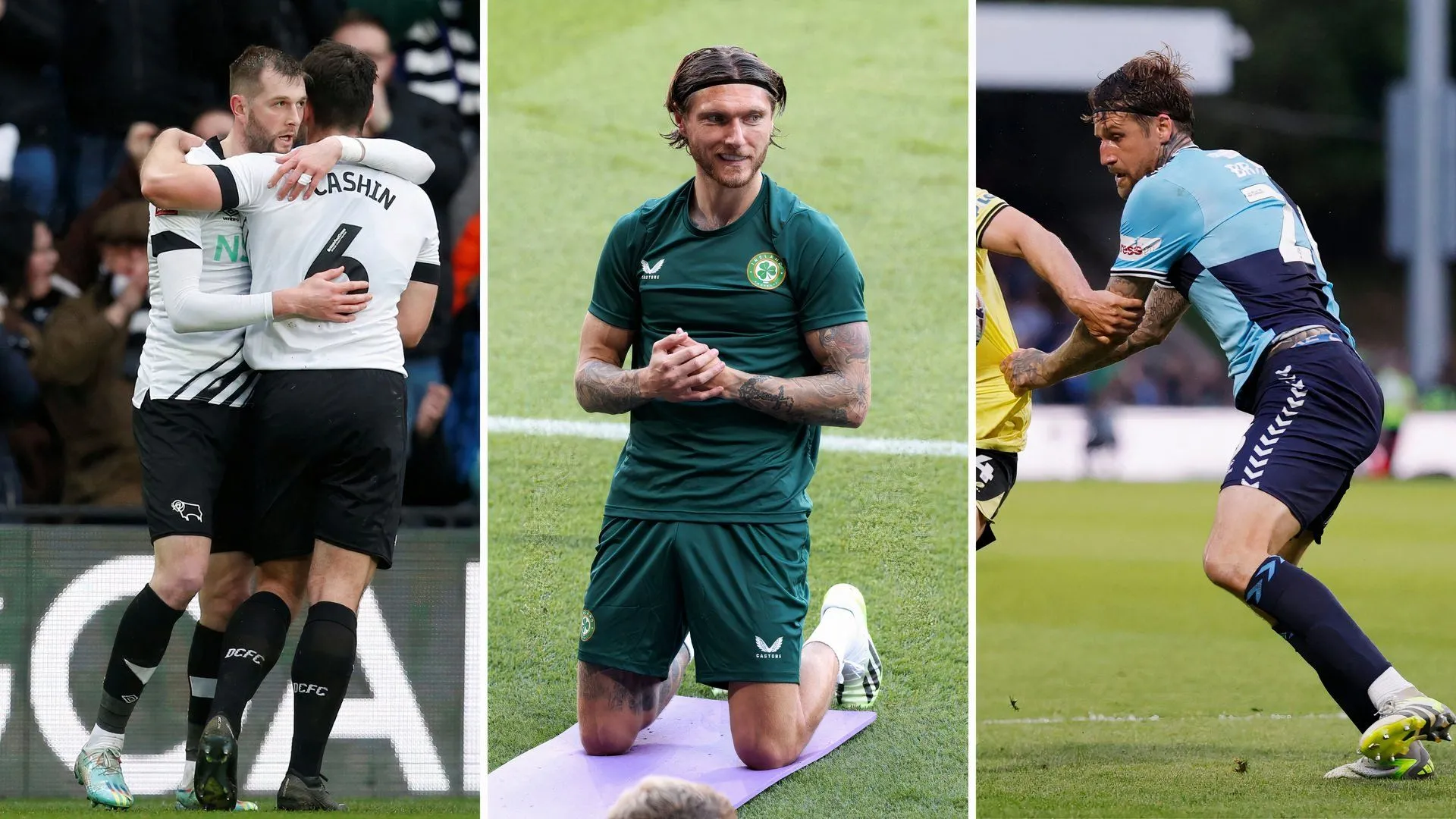 Tom Barkhuizen (phải) cùng đồng đội Jeff Hendrick (giữa) và Sonny Bradley (trái), những cầu thủ cũng rời Derby County hè 2025