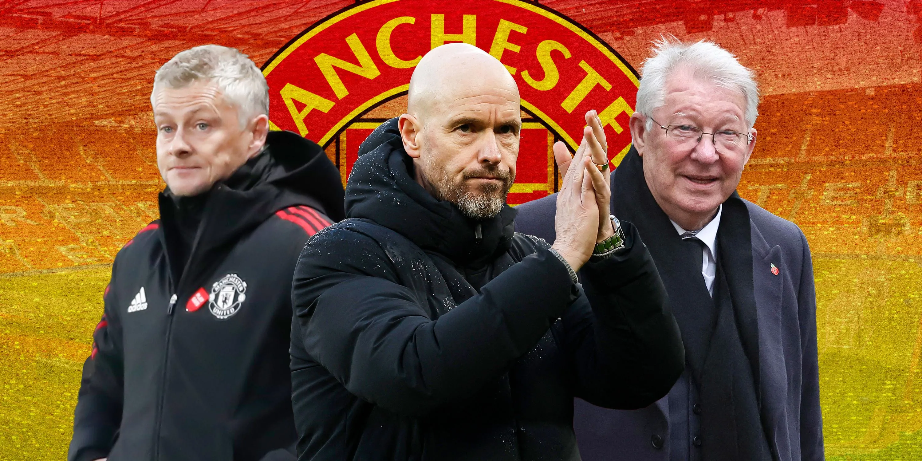 Hình ảnh các huấn luyện viên Manchester United sau thời Sir Alex Ferguson: Ole Gunnar Solskjaer, Erik ten Hag cùng huyền thoại Sir Alex