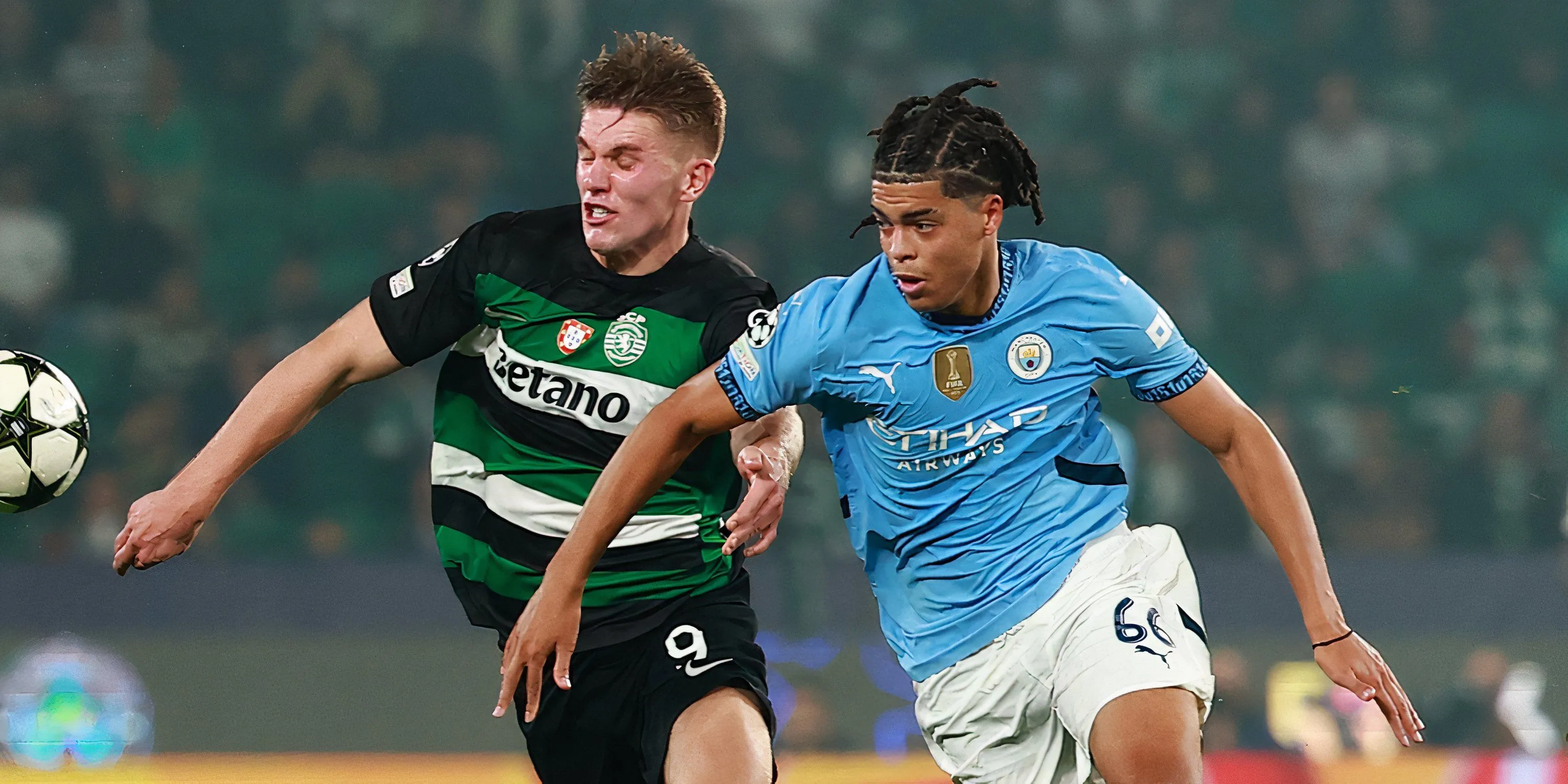 Tiền đạo Viktor Gyokeres đối đầu Jahmai Simpson-Pusey trong trận đấu Champions League